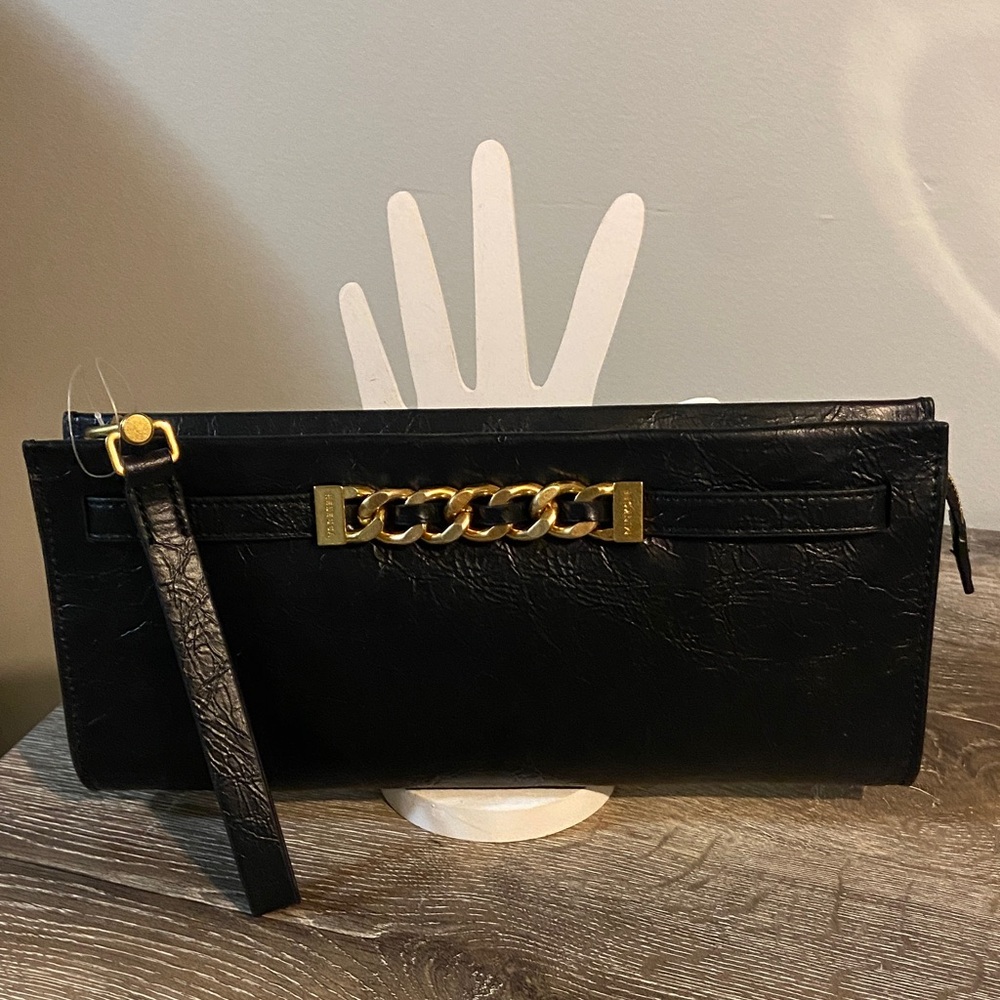 Black Leather Wristlet Clutch with Gold Chain Accent